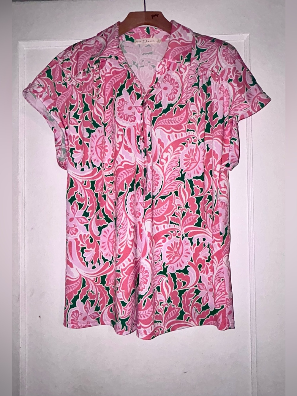 Fair Haven Top Size 2X Pink Salmon Floral Paisley Cap Sleeve Blouse Buttons NWOT